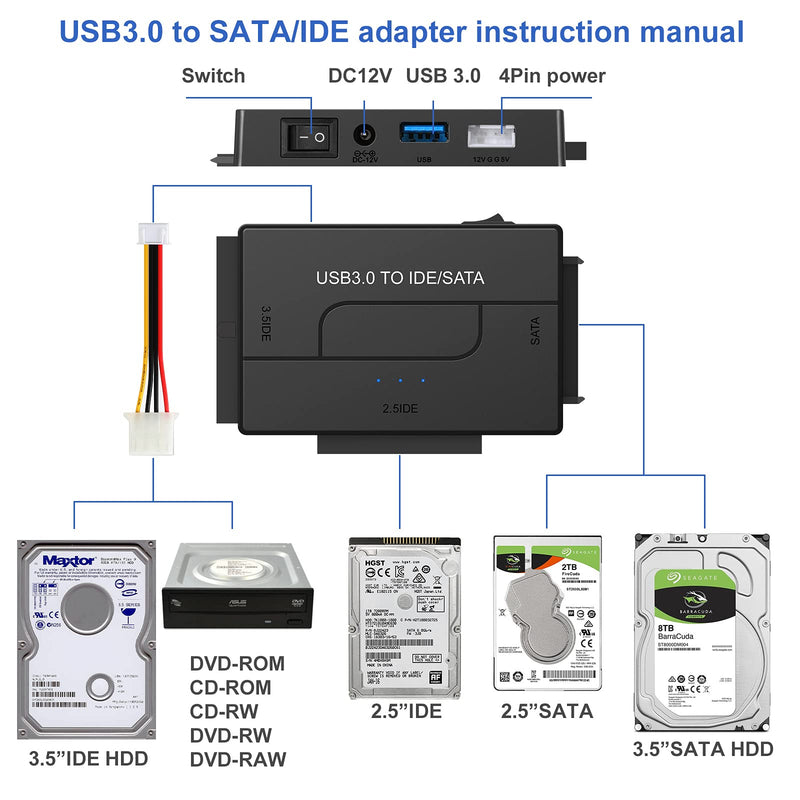 USB 3.0 to SATA IDE Hard Drive Reader, YINNCEEN External Hard Drive Converter Universal Hard Drive Adapter Kit for 2.5/3.5 HDD/SSD Hard Drive Disk, Include 12V/2A Power Adapter BlackTwo