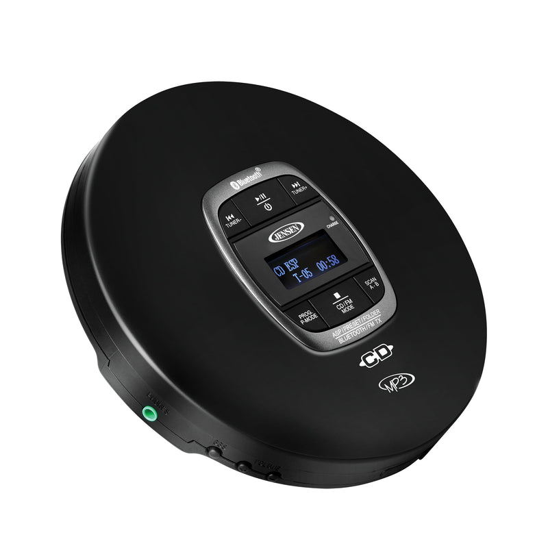 Jensen Portable CD Player Bluetooth 5.0 for Car with FM Transmitter, MP3 CD Playback, 60 Sec- Anti-Skip, Bass Boost, Rechargeable CD Player, Stereo Sport Earbuds (Matte Black)