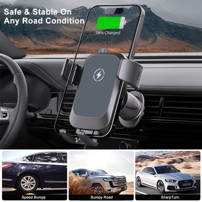 Wireless Car Charger, Auto-Clamping Air Vent Mount Car Phone Holder - 15W/10W/7.5W Fast Charging Compatible with iPhone 17/16/15/14/13/13 Pro/12 Pro Max/12 Pro/12 & Samsung Galaxy, Gift for Men Women Grey