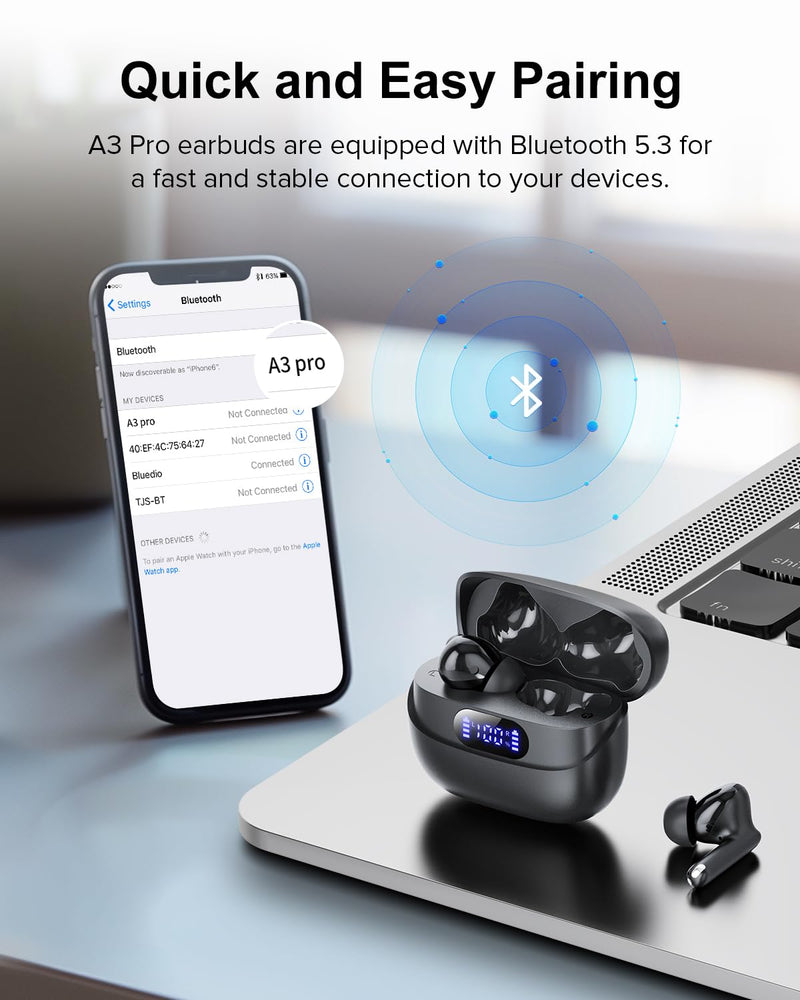 Wireless Earbuds, 42H Playtime Bluetooth 5.3 Headphones, HiFi Stereo Call Noise Cancelling Earbuds, IPX7 Waterproof Stereo in-Ear Earphones with LED Display for iOS Android Cell Phone (Black) Black