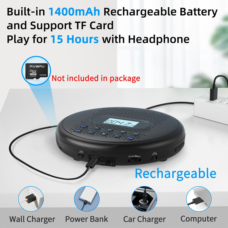 ARAFUNA Portable CD Player with Dual Stereo Speakers, Rechargeable CD Player for Car with Anti-Skip Protection, Headphones and AUX Cable Backlight Buttons Black