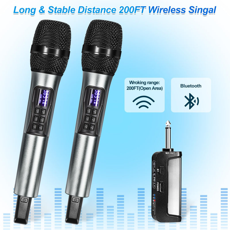 Wireless Microphone Karaoke System with Rechargeable Bluetooth Receiver,Professional Handheld Dynamic Cordless Microphone,UHF 200 FT Range,6.5mm/3.5mm Output, for Singing Karaoke Speech