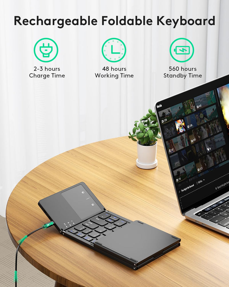 Samsers Foldable Bluetooth Keyboard with Touchpad - Portable Wireless Keyboard with Holder, Rechargeable Full Size Ultra Slim Pocket Folding Keyboard for Android Windows iOS Tablet & Laptop - Black BT x 1