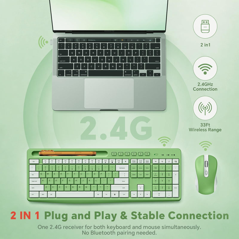 Green Wireless Keyboard and Mouse Combo with Phone Holder, 2.4G Quiet Keys | Silent Keyboard, 3-Level DPI Quiet Mouse, 12 Hotkeys, Full Size, Ergonomic for Office/Home/Work, For Windows PC Laptop, WK210 Green