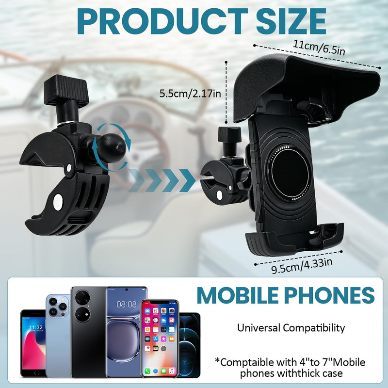 Boat Phone Holder with Sunshade, 360 Degree Rotation Marine Cell Phone Holder,Adjustable Knob Crab Clamp,Boat Accessories for Boat Rail, Jet Ski, Cycling, Fits 4.7-7.2 Inch Phones,（Knob Crab Clamp）