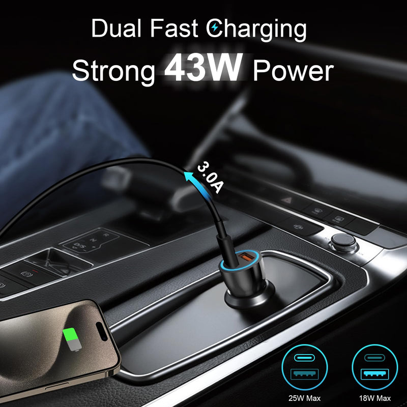 iPhone 16 15 Car Charger, [Apple MFi Certified] USB C Car Charger 43W Fast Charging with 3.3 FT USB C to USB C Cable, PD USB-C & QC 3.0 USB Car Adapter for iPhone 16 15 Pro Max Plus Black 1 Pack