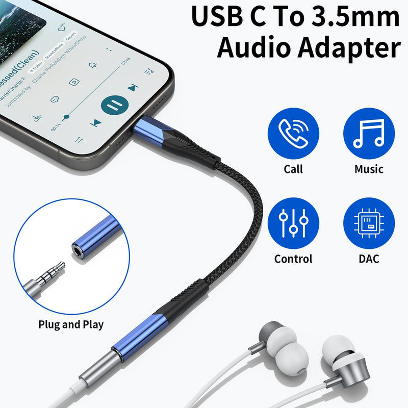 USB C to 3.5mm Audio Adapter, (2-Pack) Type C to Aux Headphone Jack Adapter Dongle Cable Cord Compatible with iPhone 15/15 Plus/15 Pro/15 Pro Max,iPad Pro,MacBook, Samsung Galaxy S24 S23 S22 Blue