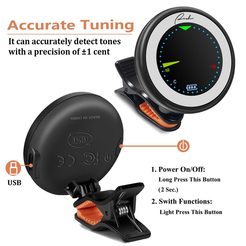 [AUSTRALIA] - Ranch Rechargeable Guitar Tuner Clip On for Acoustic/Electric Guitar, Ukulele, Violin, Bass and Chromatic Tuning Modes - Black 