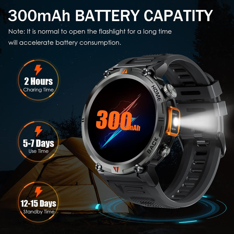 Military Smart Watch for Men with LED Flashlight 1.45" HD 3ATM Waterproof | Rugged Smart Watch with 100+ Sports Modes Fitness Tracker with Heart Rate/Sleep Monitor Tactical Smartwatch for iOS Android Orange