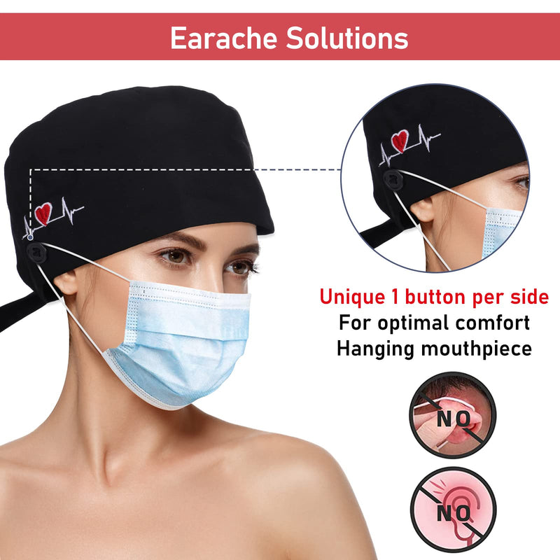 Lusofie Adjustable Working Cap with Button Sweatband Surgical Cap Nurse Hat Cotton Ponytail Holder Scrub Caps Tie Back Hats Black Heart