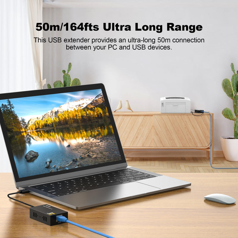 USB Extender Over Cat6/7 165ft – for Keyboard/Mouse | 4 USB 2.0 ports. Plug & play, no driver needed. POC for remote device. Extend keyboard/mouse over Ethernet.