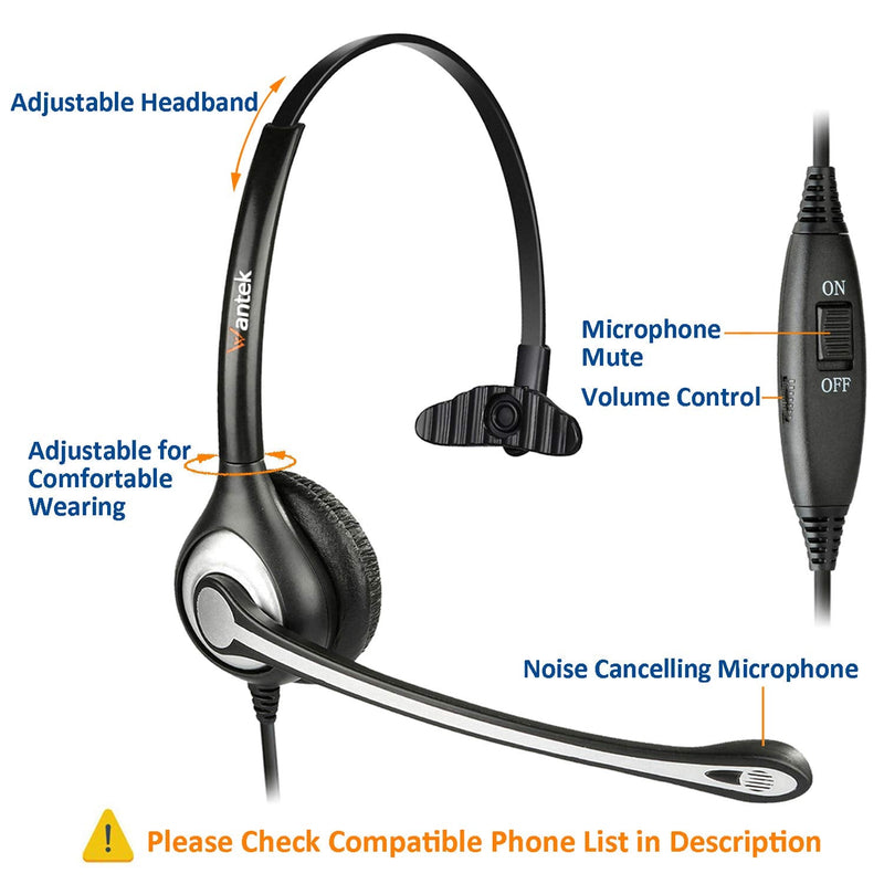 Wantek 2.5mm Telephone Headset with Mic Noise Cancelling, Office Phone Headset Compatible with AT&T ML17929 Panasonic Vtech RCA Uniden Cisco SPA Grandstream Polycom Cordless Dect Phones(F600J25) Monaural F600J25