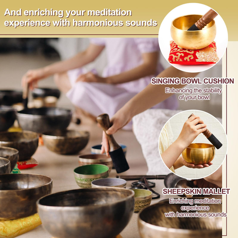 5 Pcs Silk Singing Bowl Cushion Set 4 Square Singing Bowl Cushion Pillow Pad with Wood Mallet for 4-8 Inch Tibetan Crystal Sound Bowls, 4 Sizes