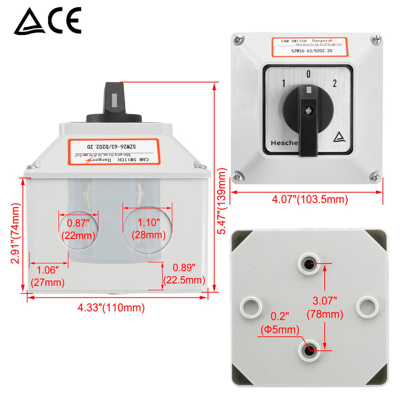 [AUSTRALIA] - Heschen Universal Rotary Cam Selector Changeover Switch, SZW26-63/D202.2D, 660V 63A, ON-Off-ON, 3 Position 2 Phase 8 Terminals, with Master Switch Exterior Box, Gray 
