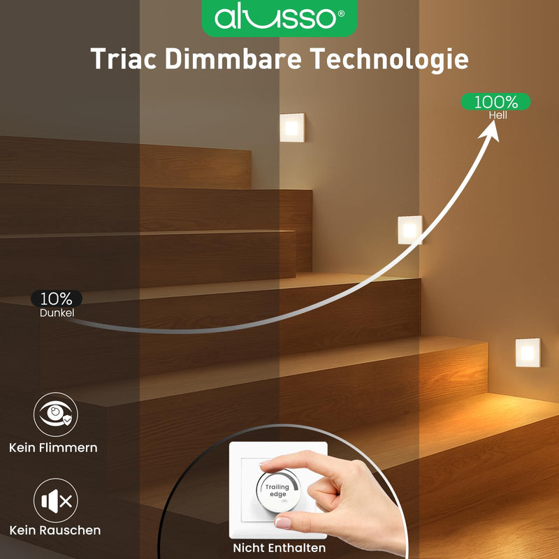 ALUSSO Set of 6 LED Stair Lighting 230 V Dimmable 3CCT Warm White Neutral White Cool White Stair Light 3 W 0.5 W 1.5 W 2.5 W IP44 Stair Lighting Stair Light Recessed Wall Light, Square White