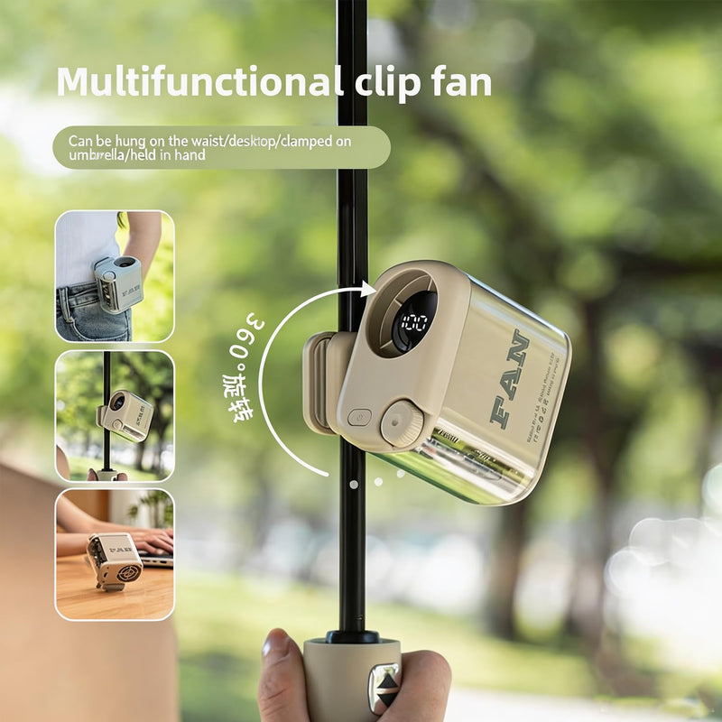 Portable Clip-on Waist Fan, 100-Speed Adjustment, LED Light, USB Rechargeable