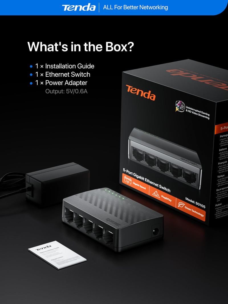Tenda 5 Port Gigabit Ethernet Switch, Desktop Ethernet Splitter, Unmanaged Network Switch Hub, Plug & Play, Wall-Mount, Fanless Quiet, for Ethernet Cable, Router, PC, NAS (SG105) Grey