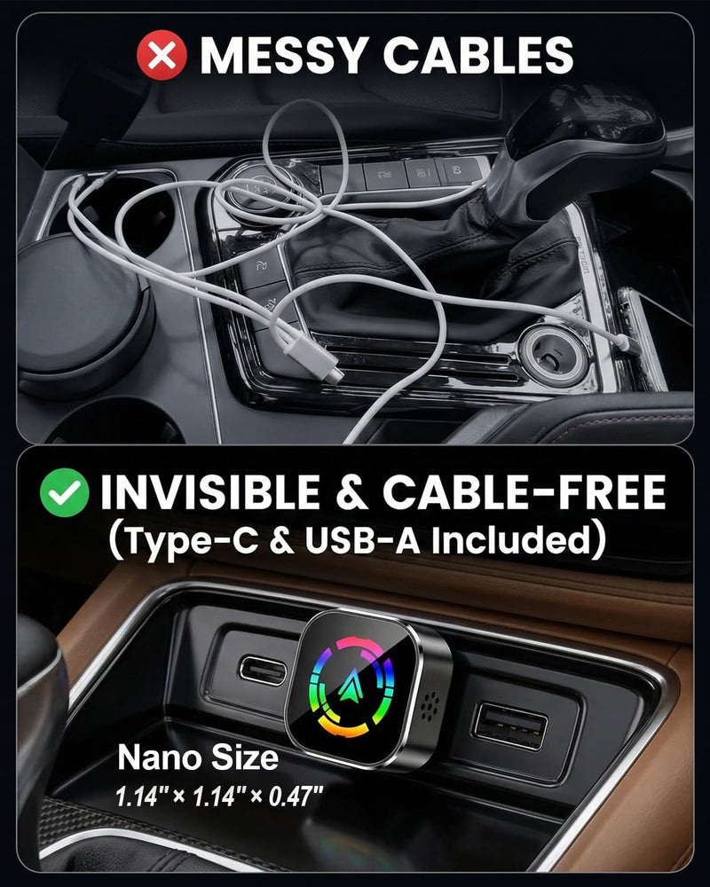Wireless CarPlay Adapter,Car Play Wireless Adapter, 2-in-1 CarPlay Car Adapter Dongle, Convert Factory Wired Apple CarPlay to Wireless, Ultra-Mini Plug & Play, Includes USB C & USB-A