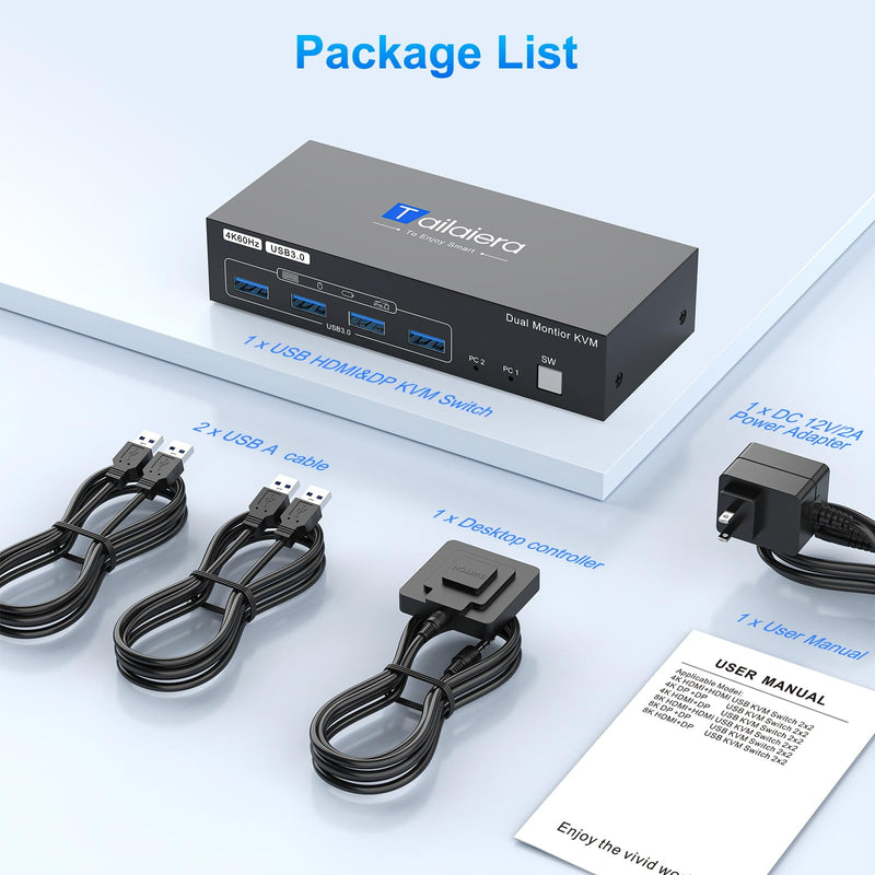 HDMI Displayport Kvm Switch 2 Monitors 2 Computers 4K@60Hz | Dual Monitor KVM Switch 2 Ports for 2 PC Share Mouse Keyboard and 2 Screens with USB 3.0 Cables and Extended Controller black 14 cm 2 PC 2 Monitor