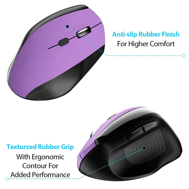 Memzuoix Ergonomic Mouse Wireless, 2.4G Optical Cordless Mice with 800 / 1200 /1600 DPI, Vertical Computer Wireless Mouse for Laptop, Mac, PC, Desktop (for Right Hand, Large), Purple