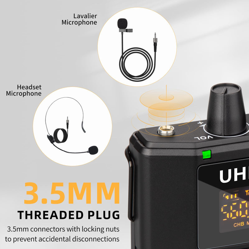 Depusheng UHF Microphone System -Wireless Microphone Set with Headset and Lavalier Lapel Mics, Beltpack Transmitter and Receiver,200ft Range, for Recording PA Speaker,Conference Q6MIC2