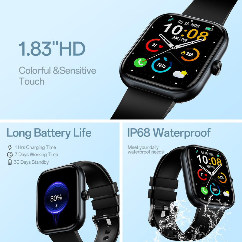 MFVLP Smart Watch for Men Women, 1.83" HD Touchscreen Fitness Watch with Bluetooth Call&Message Notifications, 110+Sport Modes, 24/7 Heart Rate/Sleep Monitor, IP68 Waterproof for Android iOS