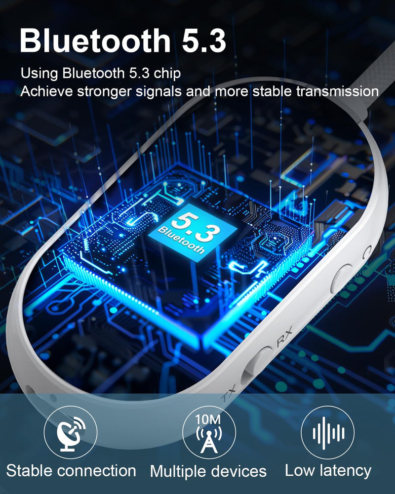 [AUSTRALIA] - Bluetooth 5.3 Transmitter Receiver for Car, 2-in-1 Wireless Audio Adapter with 3.5mm AUX, Low Latency, Supports Dual Pairing for AirPods/Headphones, 18+ Hours Battery for Home Stereo, TV, Airplane 