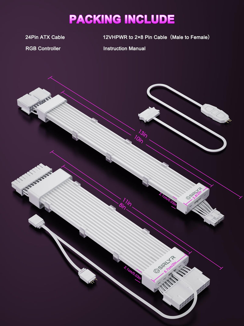 Sirlyr RGB 12VHPWR Cable Set,ARGB PSU Extensions for RTX 50/40 | Includes 24Pin ATX & 16Pin to 2×8Pin GPU cables,soft LED strip ARGB lighting,compatible with RTX 5090/5080/4080 12VHPWR to 2×8 Pin Set