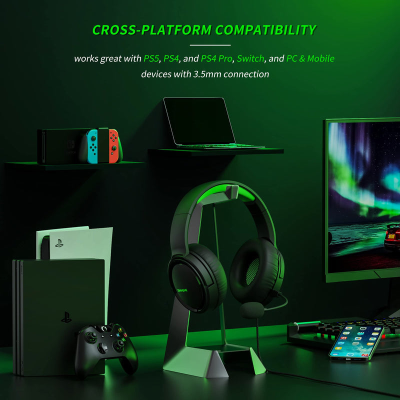 BINNUNE Gaming Headset with Mic for PS4 PS5 Xbox Series X|S Xbox 1 PC NS, Wired Gaming Headphones with Microphone for PS 4|5 Xbox1 Black Green