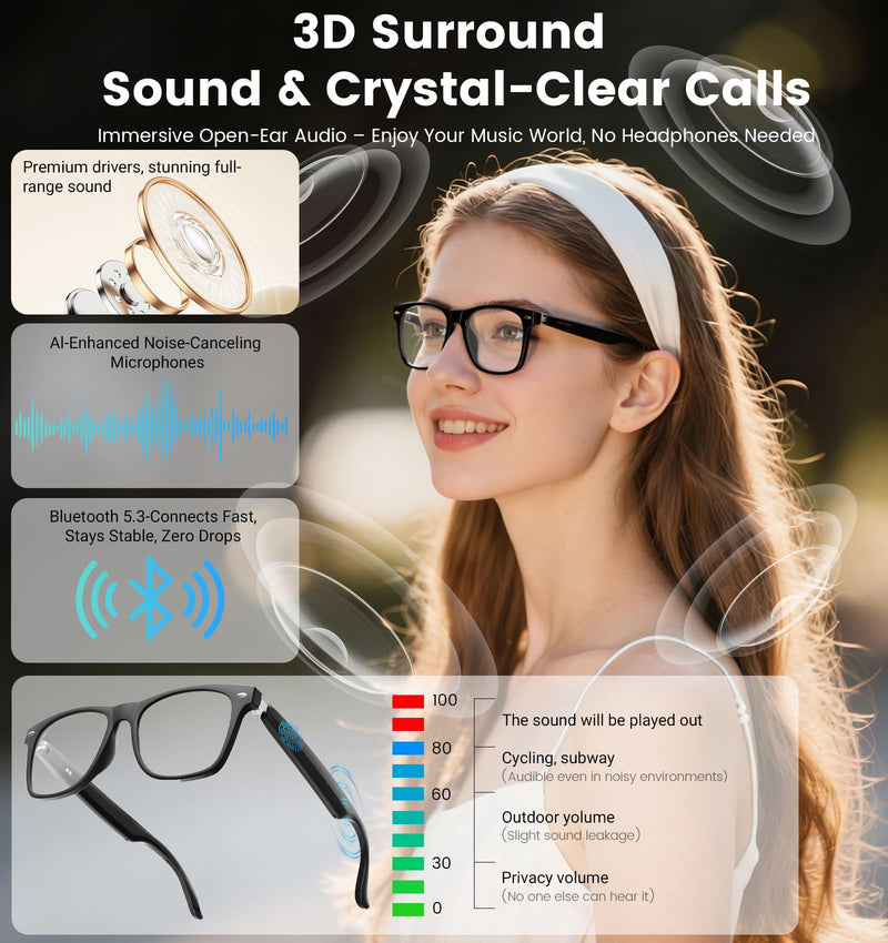 AI Smart Bluetooth Glasses for Men and Women with Translation | Real-time translation (115 languages), Glasses with speakers, Hands-free calls, Blue-light protection, for iOS/Android. Black frame Anti-Bluelight Lense