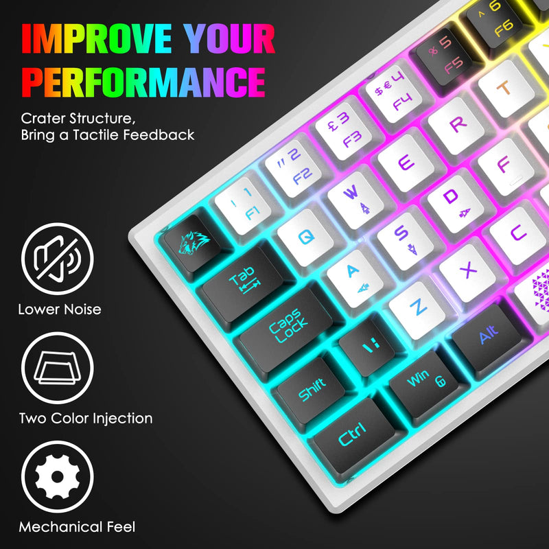 ZIYOU LANG K61 60% Gaming Keyboard Mini Portable with Rainbow RGB Backlit Compact Ergonomic 62Key Layout Anti-ghosting Mechanical Waterproof Wired for PC Mac Windows Gamer Laptop Typists(White+Black) White+Black