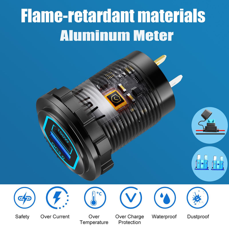 2 Pack 12 Volt USB Outlet PD 100W USB C and QC3.0 18W Port Aluminum Car Charger Socket for Laptops Tablets Phones, Cigarette Lighter Replacement Car Accessories DIY for RV Camper Truck Boat Golf