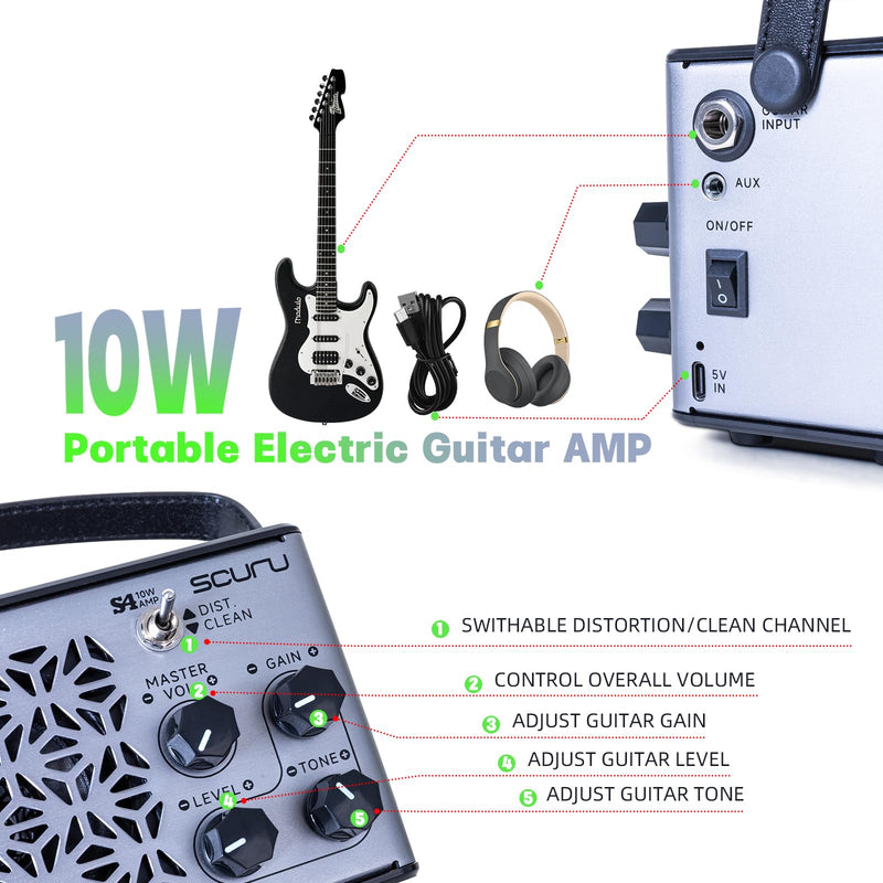 Caline Portable Guitar Amp,10w Mini Guitar Amplifier,Distortion,Clean Practice Amps for Electric Guitar,Rechargeable Guitar Amp with Aux,Buletooth