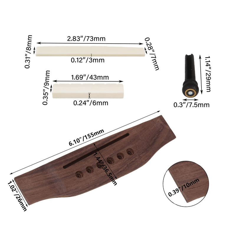 [AUSTRALIA] - BQLZR Acoustic Guitar Replacement Set Ebony Bridge End Pins Bone Saddle & Nut and Rosewood Bridge Parts 