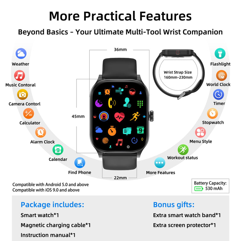 Smart Watch, GPS & Free Maps, 1.96" HD Screen, AI, Bluetooth Call & Text | 24/7 Health, Fitness & Sleep Tracker, 100+ Workout Modes, 5 ATM Water-Resistance, for Men & Women, Android & iOS, 2 Bands Black 1.96"