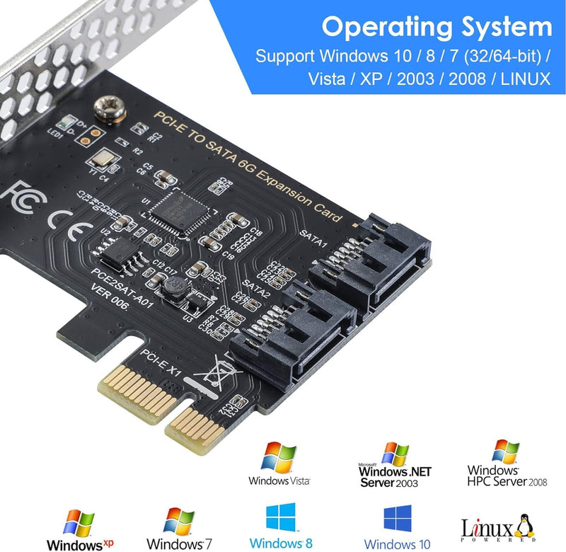 2-port SATA III 6Gbps Expansion Card, SATA Controller Card for PCI-Express Slot 1x 4X 8X 16x, Supports Windows Systems, Ubuntu, Vista