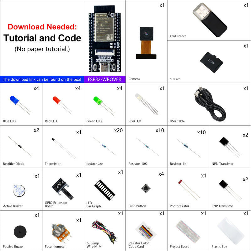 [AUSTRALIA] - Freenove Basic Starter Kit for ESP32 CAM (Included), Dual-core 32-bit 240 MHz Microcontroller, Onboard Camera Wireless, Python C Code, 400-Page Detailed Tutorial, 141 Items, 58 Projects with Memory Card Slot and Card 