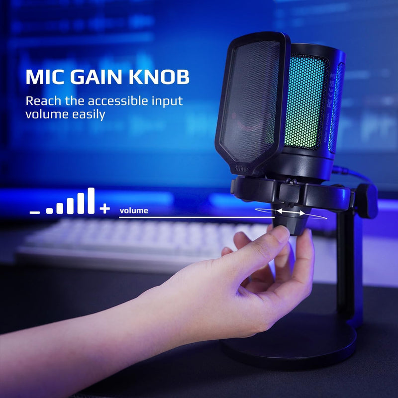 AmpliGame Fifine USB Microphone for PC Gaming, Computer Desktop Streaming Microphone with Mute Button, Gain Knob for Video Podcast, RGB Mic for PS4/PS5, Laptop A6NEO