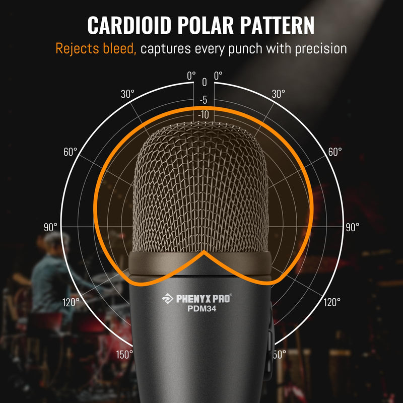 Phenyx Pro PDM34 Snare Drum Mic, Cardioid Dynamic Microphone with Clip-on Microphone Clamp, Integral Stand Mount, and Long-Lasting Metal Housing
