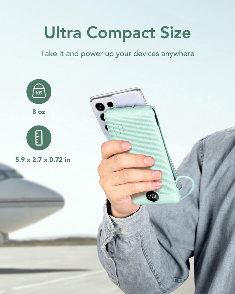 VEGER Portable Charger for iPhone with Built in Cables and Wall Plug, 10000mah Slim Fast Charging USB C Power Bank, Travel Essential Battery Pack Compatible with iPhone, iPad, Samsung etc(Green) Green