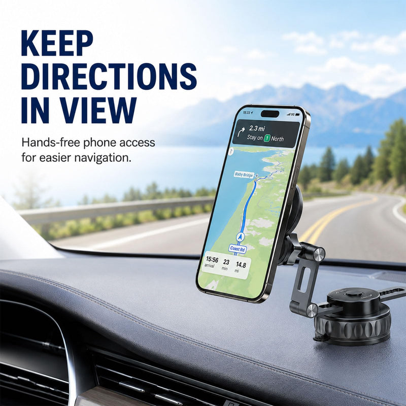 Vacuum Suction Magnetic Car Phone Mount, 360° Rotating Extendable Multi-Axis Arm for Dashboard & Windshield, Compatible with MagSafe iPhone Models and Magnetic Cases, Metal Ring Included