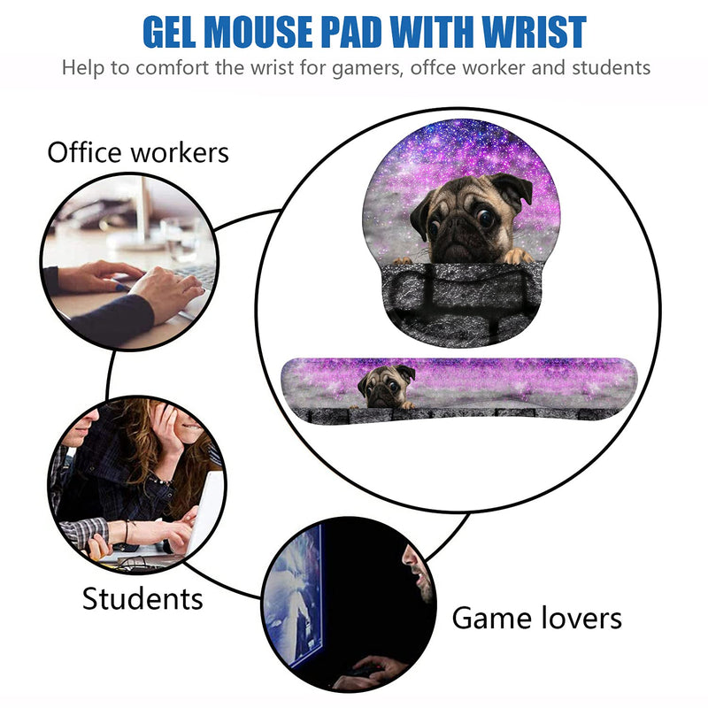 Keyboard Wrist Rest and Mouse Pad Wrist Support Set with Coasters, Non-Slip PU Base Ergonomic Gaming Mousepad for Home Office Working Studying Easy Typing & Pain Relief - Cute Pug