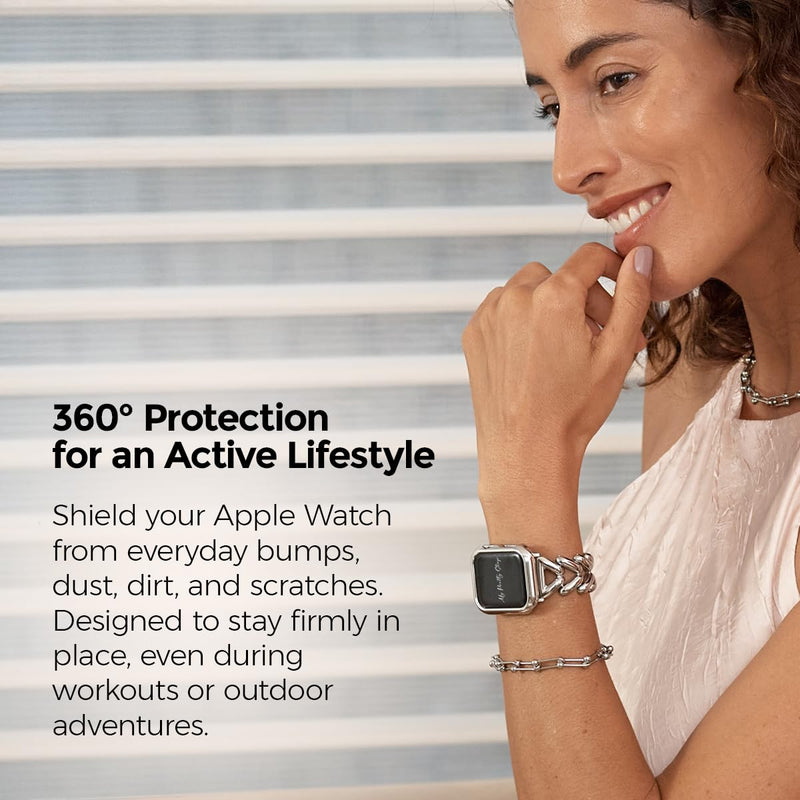 My Pretty Strap Silver Apple Watch Band & Glossy XOXO Protective Case Bundle – Elegant Stainless Steel Strap & Luxury Metal Cover for Apple Watch Series 1-11, SE & Ultra (41MM) Queen Vogue