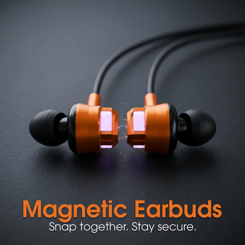 Manhattan Bluetooth 5.2 Neckband Earbuds, 15-Hour Battery, IPX4 Mic | Wireless sport headset with 30 ft range, mic controls, noise-isolating fit, sweat-resistant housing, USB-C charging | 179829 Black/Orange