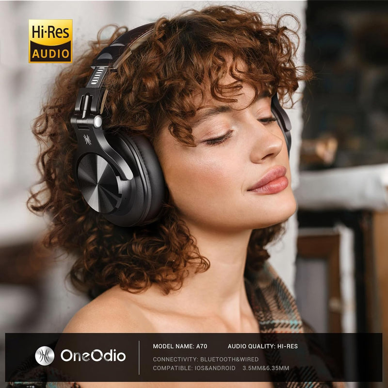 OneOdio A70 Bluetooth Over-Ear Headphones, Hi-Res Wired DJ Studio - Black | Wireless over-ear headphones with 72H playtime, 3.5mm/6.35mm wired jacks for studio monitoring, mixing, guitar, amp and PC