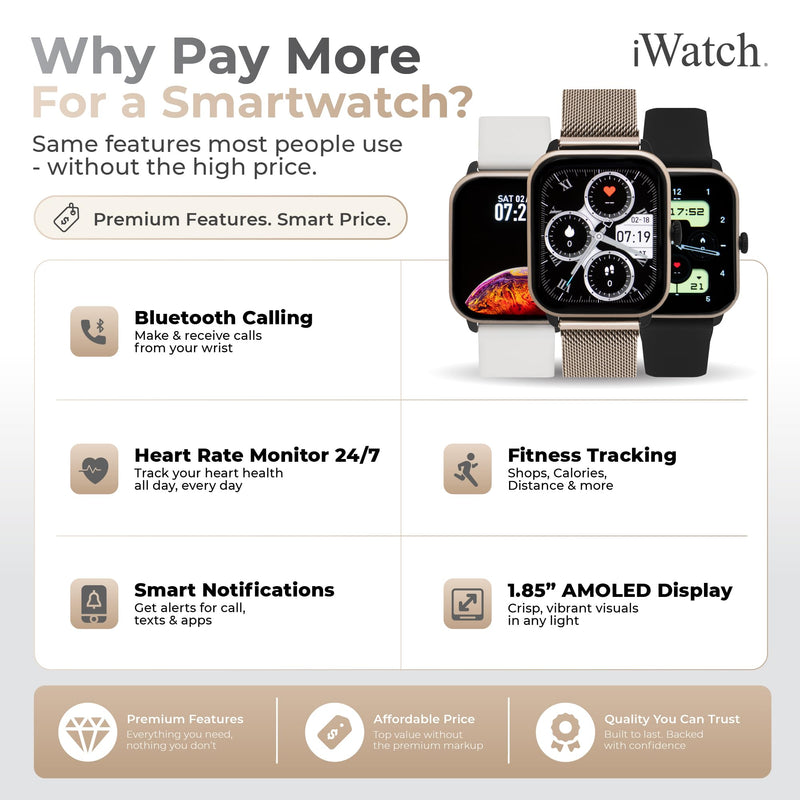 iWatch Silver Smart Watch, 1.85" Touch Screen Fitness Tracker, Men & Women | Black rubber band. AMOLED, Bluetooth calling, heart rate, sleep & step tracking, 3ATM water resistant, iOS & Android Silver Case + Black Rubber Band