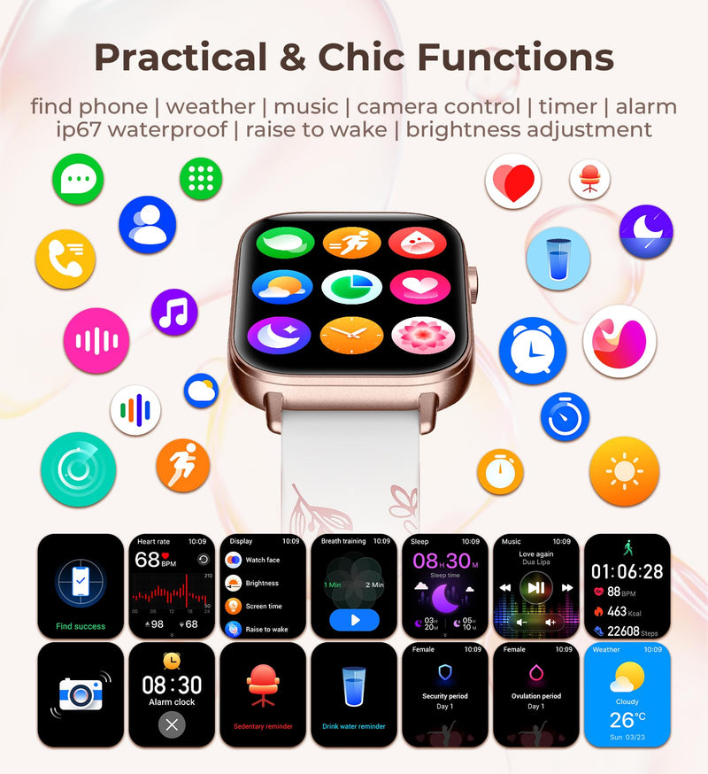 Iaret Smart Watch for Women, 1.83" HD Fitness Tracker with 4 Bands, Answer/Make Calls, Heart Rate/Sleep/SpO2/Step Tracking, 100+ Sport Modes, Android/iPhone Compatible Gift (Rose Gold) Rose Gold