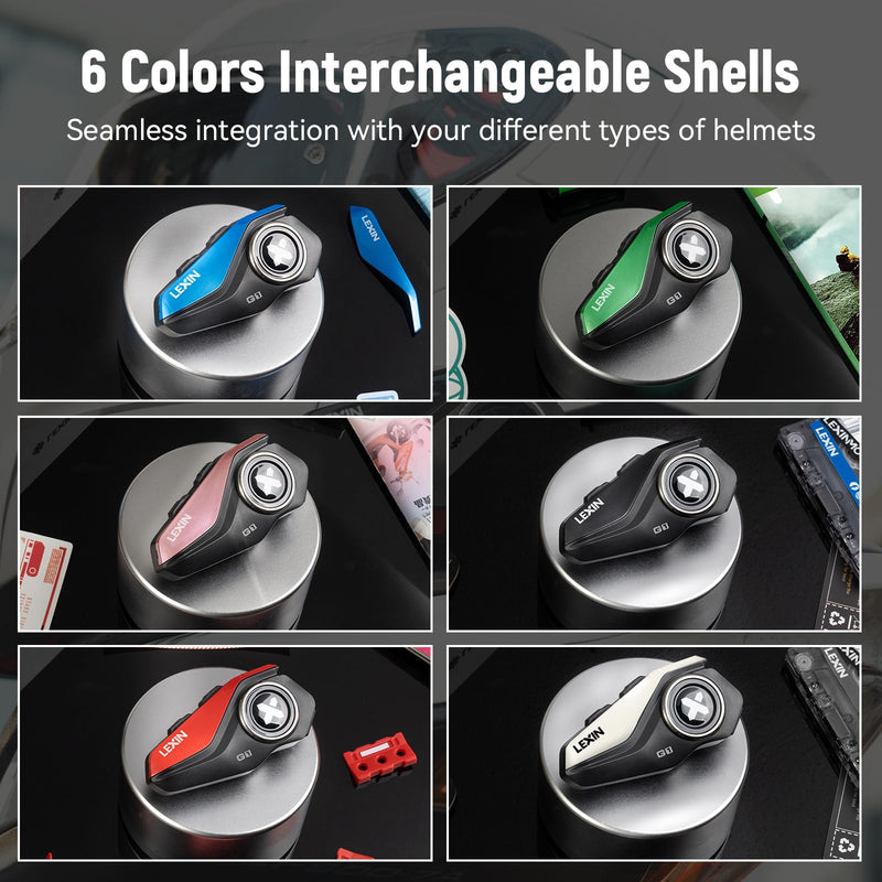 LEXIN G1 Motorcycle Bluetooth Headset, Waterproof Helmet Headphones with 2 Types Microphones, Hands-Free Call/Music/GPS, 6 Shells/USB-C Fast Charging/Noise Cancelling, Compatible with ATVs/Dirt Bike