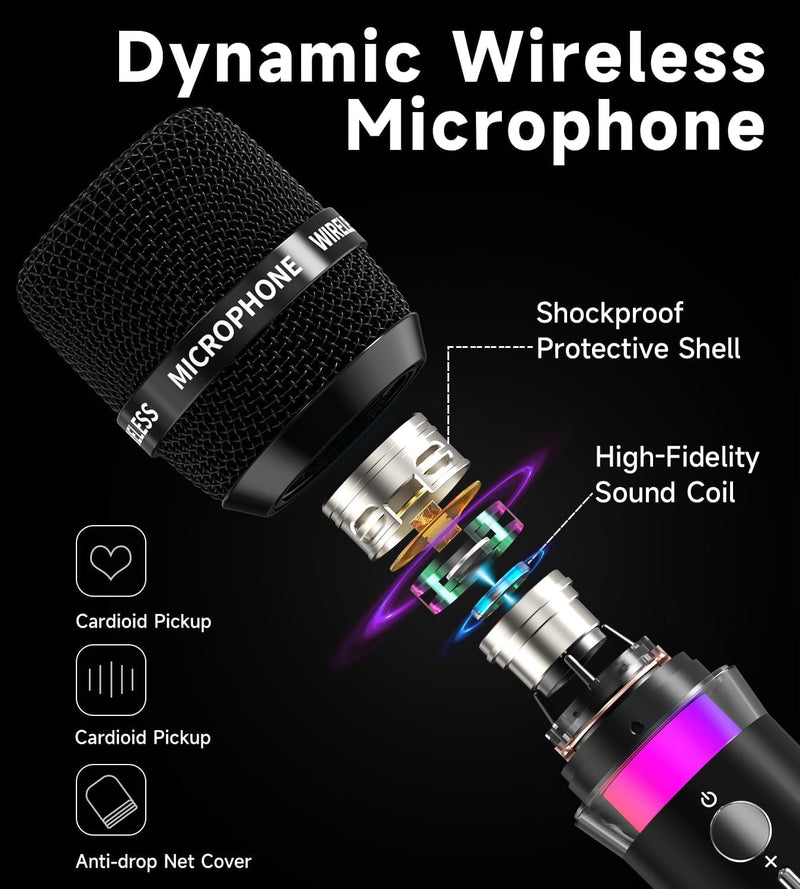 [AUSTRALIA] - Wireless Microphone, Rechargeable Wireless Microphones with One-to-One Chip Connection and LED Lights, 40H Duration, 200FT Range Receiving, Less Latency Karaoke Microphone for Singing, Speech, Party 