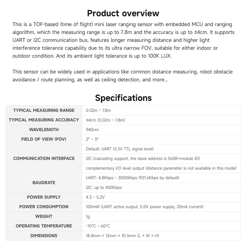 Waveshare TOF (Time of Flight) Mini Laser Range Sensor, UART / I2C Communication Support, Long Range